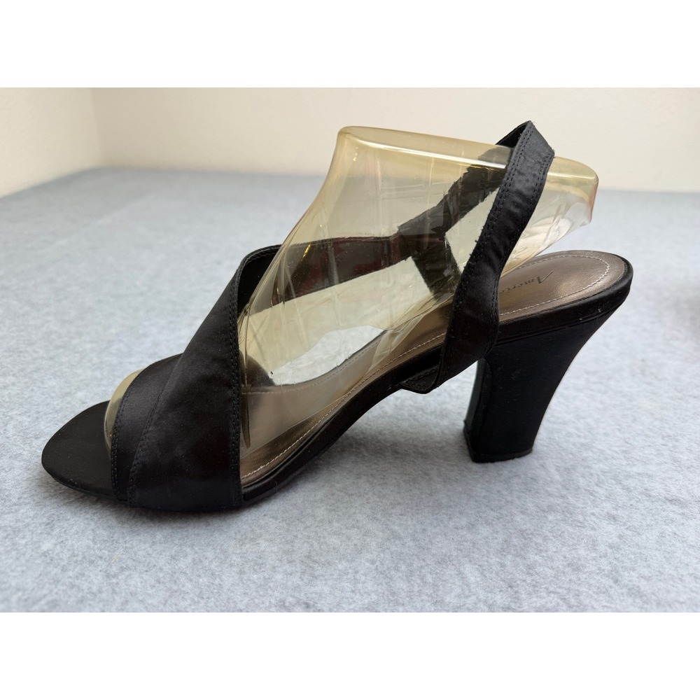 American Eagle Heidi Black Satin Slingback Heels Asymmetrical Sandals Womens 12